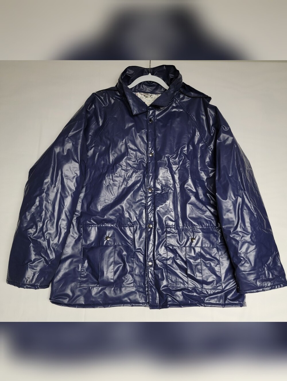 Vintage Duck Bay Heavy PVC Raincoat Flannel Lined Blue Shiny Jacket XL Gorpcore